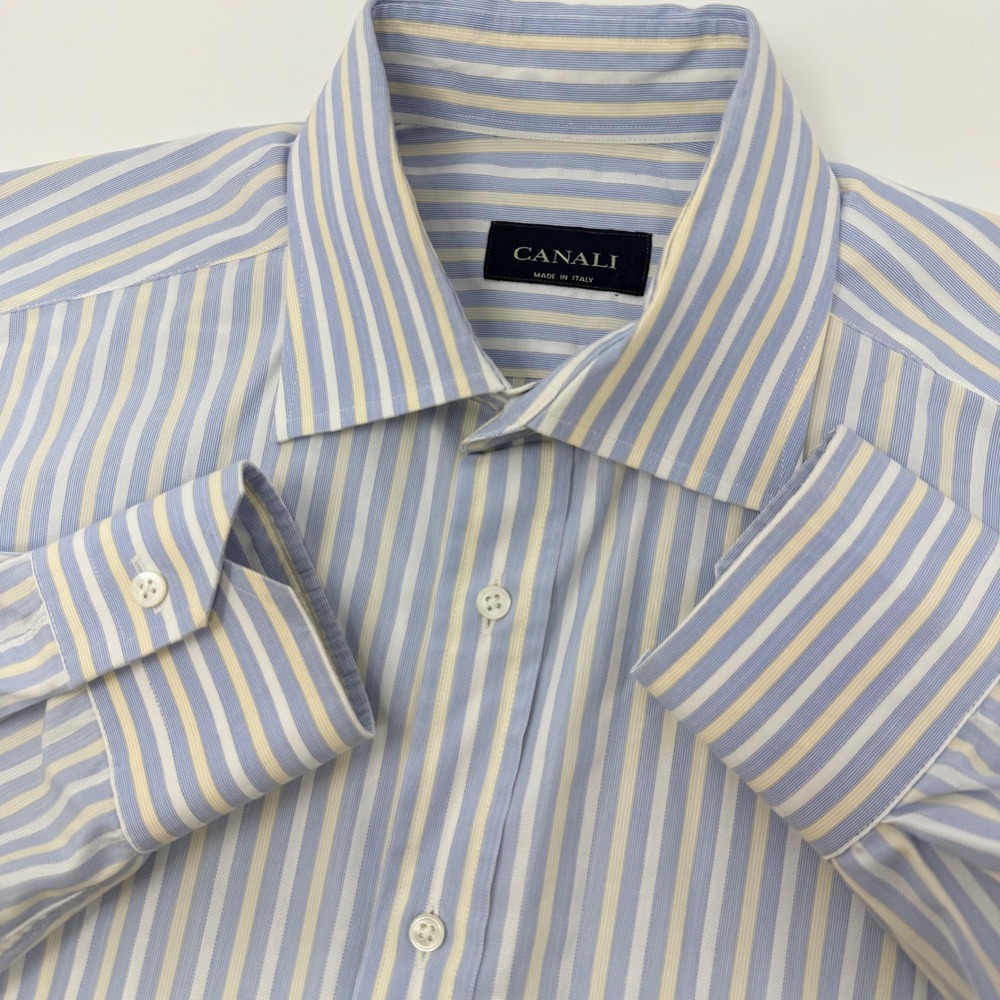 Canali Mens Size 16 41 Blue Yellow Striped Dress Shirt Made in Italy